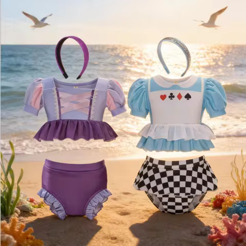 Princess Theme Alice 2PCS Set for Kids Girl Puff Sleeve Short Fashion Toddler Bikini Set Aurora Snow