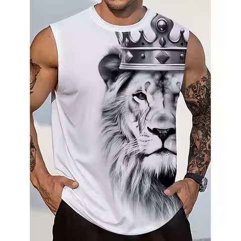2024 New Summer Style Mighty Lion Print Men's Round Neck Vest Street Fashion Harajuku Daily Sports F