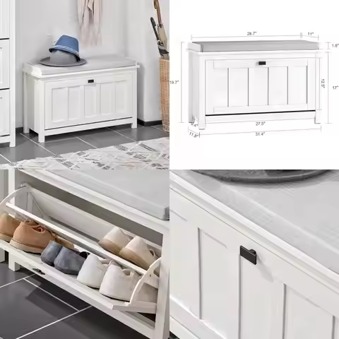 White Shoe Storage Bench with Flip Drawer and Cushion, 31.5x11.8x19.7 Inches