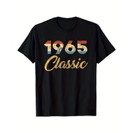Men's 1965 Classic Retro Graphic T-Shirt - Black Vintage "1965 CLAIC" Bold Print, Soft Breathable Fa