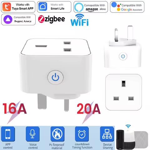 Tuya Smart Socket 16A/20A WiFi or Zigbee UK Plug 3pin Adapter Home Alexa Voice Control With Energy M