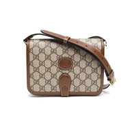 GUCCI 老花PVC金扣Logo郵差風琴包單肩包