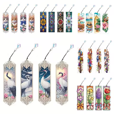 4 DIY diamond art painting bookmark sets, animal/flower-themed crystal pendant bookmarks, suitable f