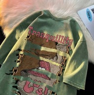 ONE - 水洗做舊T恤（綠色M-5XL）（下單后聯繫客服確認發貨尺碼）#F326001669