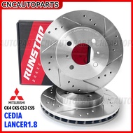 จานเบรคหน้า Mitsubishi LANCER ท้ายเบนซ์ CEDIA 1.8  ปี 1996-2002 CK4 CK5 CS3 CS5 NEW LANCER ปี 2001-2008 จานเบรคแต่งเจาะรูเซาะร่อง คู่หน้า RUNSTOP SLOT (จานเบรค 2 ใบ)