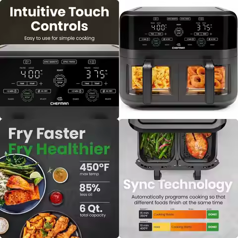 6 Quart Dual Basket Air Fryer Oven with Hi-Fry, Auto Shutoff, 2 Independent 3Qt Nonstick Frying Bask