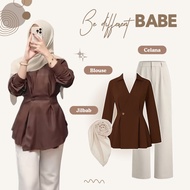One Set 3in1 Trendy Coffee Outfit [Pants + Jena Blouse + Hijab] Suit Wanita - AS254N