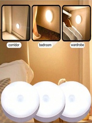 1入組開關按鈕LED夜燈，8顆珠USB充電人體感應圓形迷你櫥櫃燈，適用於臥室壁櫥樓梯照明（兩種燈光選擇：暖白和白色）