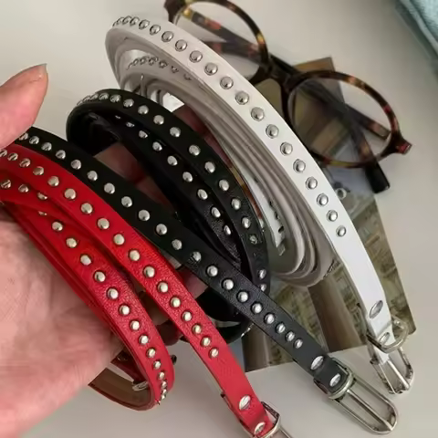 Fashion Rivet Belts Wear PU Leather Waist Belt Double Circle Waist Chain Knotted Long Thin Waistband