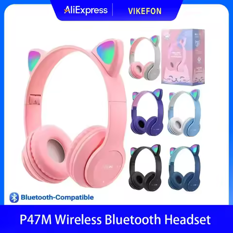 P47M Wireless Bluetooth Headset Gamer Cat LED Light Noise Cancelling Earbuds Wireless Headphones Blu