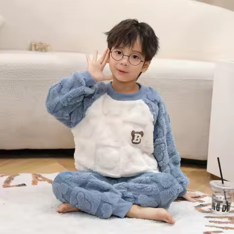 Kids Pajamas for Boys 1 2 3 4 5 6 7 8 9 10 11 12 Years Flannel Sleepwear Set Bear Pyjamas Blue Child