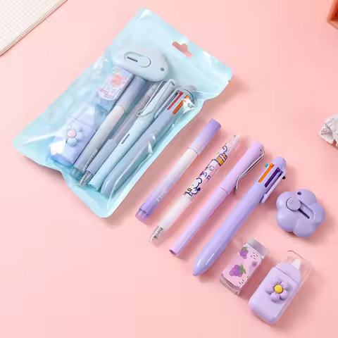 7Pcs Kawaii Student Stationery Set Sweet Cartoon Cat Paw Correction Tape Glue Tape Eraser Gel Pen Cu