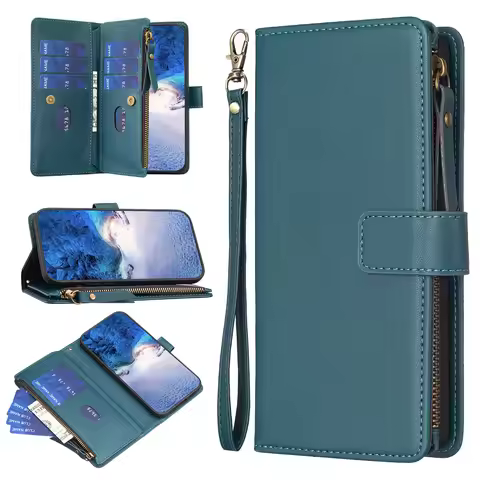 Multi 9 Cards Lanyard Leather Zipper Wallet Case For Nokia G42 G310 G22 G21 G11 C32 C22 C12 C02 Wris