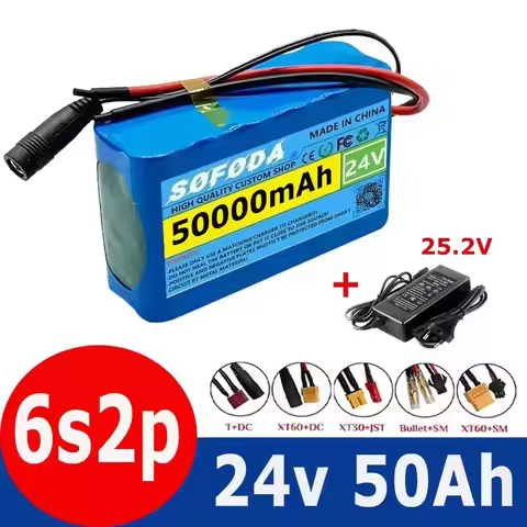 6S2P 24V 50Ah 18650 Li-ion battery pack 25.2V battery pack with BMS and charger