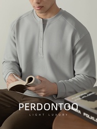 PERDONTOO | เสื้อยืด Henley ลายวาฟเฟิลหรูหรา 400 กรัม สำหรับผู้ชาย
