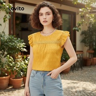(trendy3)Lovito Casual Plain Jacquard Lace Ruffle Spring/Summer Yellow Blouse for Women L134ED448