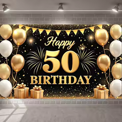 50th Happy Birthday Banner Luxury Firework Design Gift Box Golden Birthday Backdrop for 50th Birthda