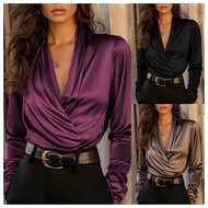 [Xu You Dazzling] S-2XL Shirt European American High-End Professional Shirt Temperament Satin V-Neck