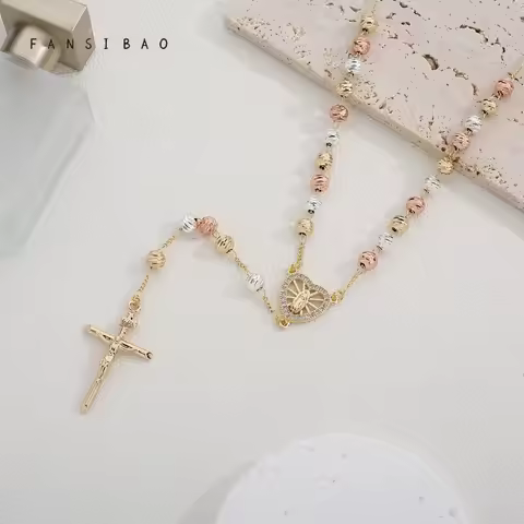 FanSibao tricolor diagonal prayer beads cross Virgin Mary pendant necklace copper necklace ladies bi