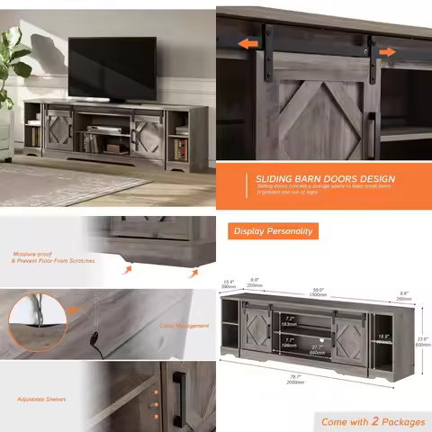 3-in-1 Farmhouse TV Stand 85in Wood Console Sliding Barn Door Adjustable Shelf Living Room Grey,Cust