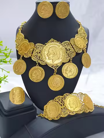 Indian Bridal Jewelry Set Dubai Coin Necklace Earrings For Women Wedding 24k Gold Color African Jwel