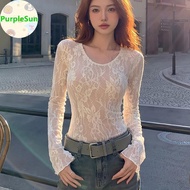 PurpleSun Ladies Elegant Lace Top U-neck White Fashion T-shirt For Woman Long Sleeves Slim Y2K Cloth