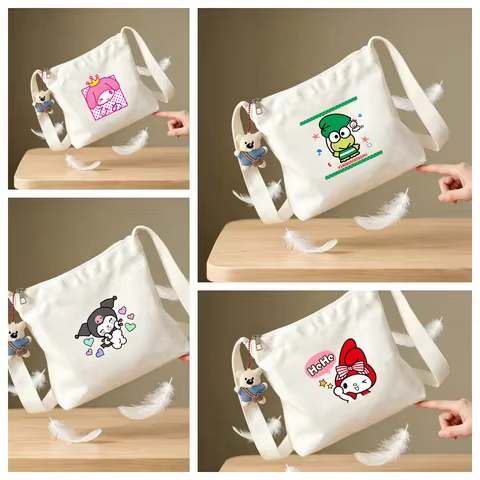 Kawaii Kuromi My Melody Canvas Crossbody Bag Cute Pink Print Aesthetic Keroppi Tote Bag for Girls & 