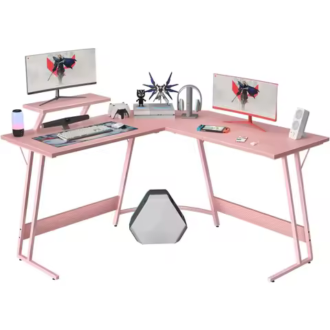 Pink L Shaped Gaming Desk Computer Corner PC Desk Table with Large Monitor Stand for Home Office Stu