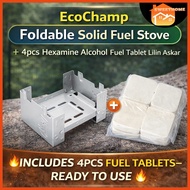 EcoChamp Foldable Camping Solid Fuel Stove + 4pcs Hexamine Fuel Tablet Lilin Askar