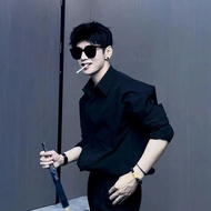 Casual Black Long Sleeve Shirt Mens Style Dapper Inner Wear Suit Jacket Neapolitan Godfather Shirt H