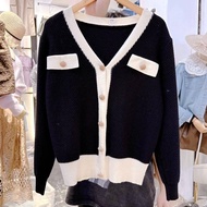 Chanel Style Piping Gold Button Sweater Contrast Color Knit Cardigan TOP240207