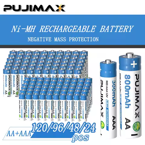 PUJIMAX 120/96/72/24pcs Nickel-Metal-Hydride Batteries, 1.2V AA Type 800mAh + AAA Type 300mAh Rechar
