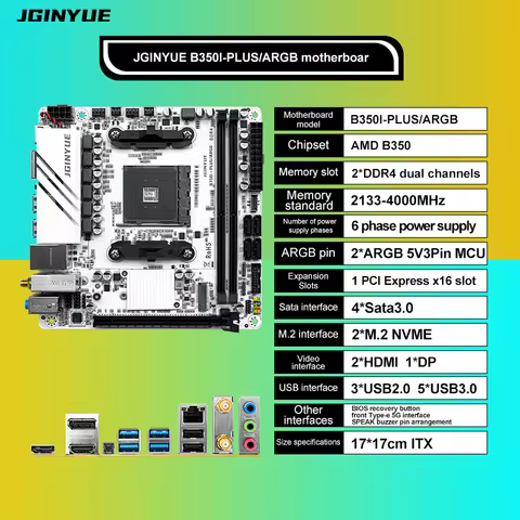 JGINYUE AMD AM4 ITX Motherboard supports Ryzen R3 R5 R7 R9 1/2/3/4/5 series CPU DDR4 RAM Desktop PC 