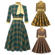【In stock】Women Vintage Plaid Dress With Pocket Rockabilly Cocktail Party 1950s 40s 50s Swing Dress 