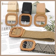 BPURPLE Summer Women Elastic Woven Belt Square Bule Vintage Boho Straw Belt Dress Belt .