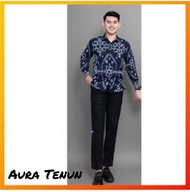Baju Couple Tenun Modern Kemeja dan Gamis Motif Etnik Biru Navy