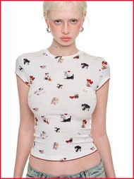 [Kim Taeyeon Same Style] 1JINN STUDIO Cat Dog Printed Short-Sleeved T-Shirt Women's Tight-Fitting El