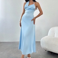 Women Elegant Sexy Beach Vacation Boho Chic Satin Deep Draped Baby Blue Beaded Decorated Open Back T