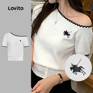 Lovito Casual T-shirt Colorblock Ruffle Neck Spring/summer Off White T-shirt for Women TSB199P2D753 
