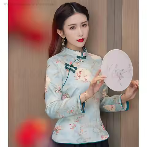 Green Printed Cheongsam Blouses Long Sleeved Traditional Chinese Shirt Vintage Oriental Qipao Top Ma