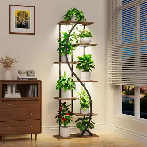 59" Plant Stand with Grow Light Indoor, 7 Tiered Metal Shelf S-Shaped Flower Display for Living Room