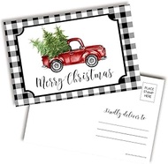 Black Plaid With Red Pickup Truck Merry Christmas Blank Postcards To Send To Friends & Family, 4"x6"