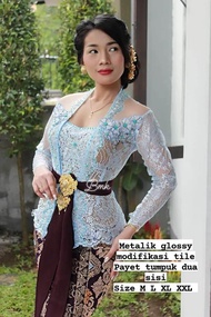 Kebaya Jadi Brokat Metalic Glossy Payet Tumpuk 2 Sisi Modifikasi Tile Lengan Panjang
