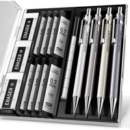 Four Candies 0.7mm Metal Mechanical Pencil Set (with Case) – 4-Pack with HB Lead Refills & Erasers, 