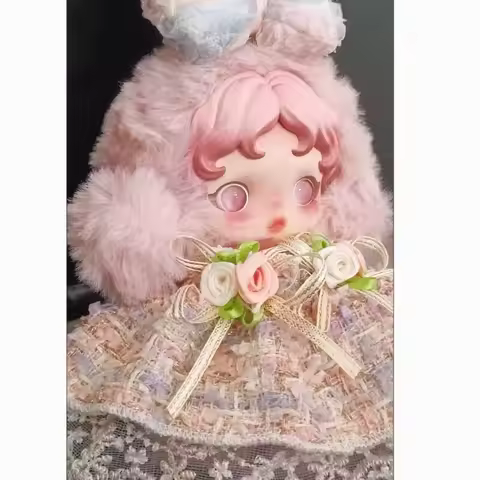 For 17 cm Labubu/SkullPanda Clothes Lace Rose Puff Skirt with straw hat Dolls Accessories Labubu/Sku