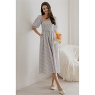 (R L-5) ACW Smocked Balloon Sleeve Midi Dress in Blue Porcelain Florals