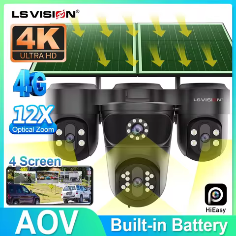 LS VISION Four Screens 4G AOV Solar Camera Three PTZ Lens 12X Optical Zoom 24/7 Video Recording Auto