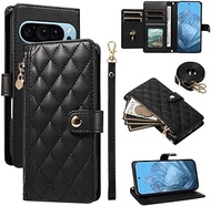Compatible with Google Pixel 8 Pro (Color: Black) Crossbody Strap Zip Wallet Leather Flip Back Case