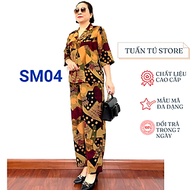Bộ sơ mi nữ trung niên Áo có cổ và khuy cài chất liệu lụa hàn châu cao cấp mềm mát không nhăn xù khi