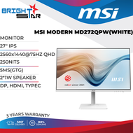 MSI MODERN MD272QPW(WHITE) / 27" IPS / 2560x1440@75HZ QHD / 250NITS / 5MS(GTG) / 2*1W SPEAKER / DP, HDMI, TYPEC(PD 65W) / 3Y ONSITE /